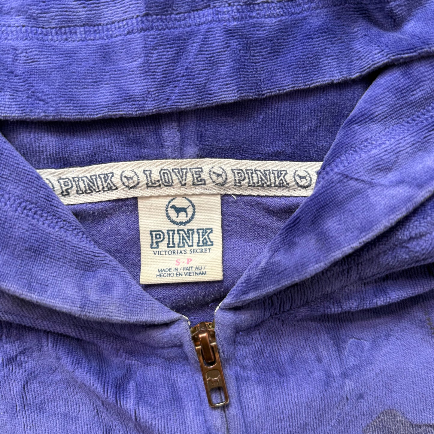 Victoria's Secret PINK Womens Deep Blue Velour Zip-Up Hoodie Graphic Logo Size S