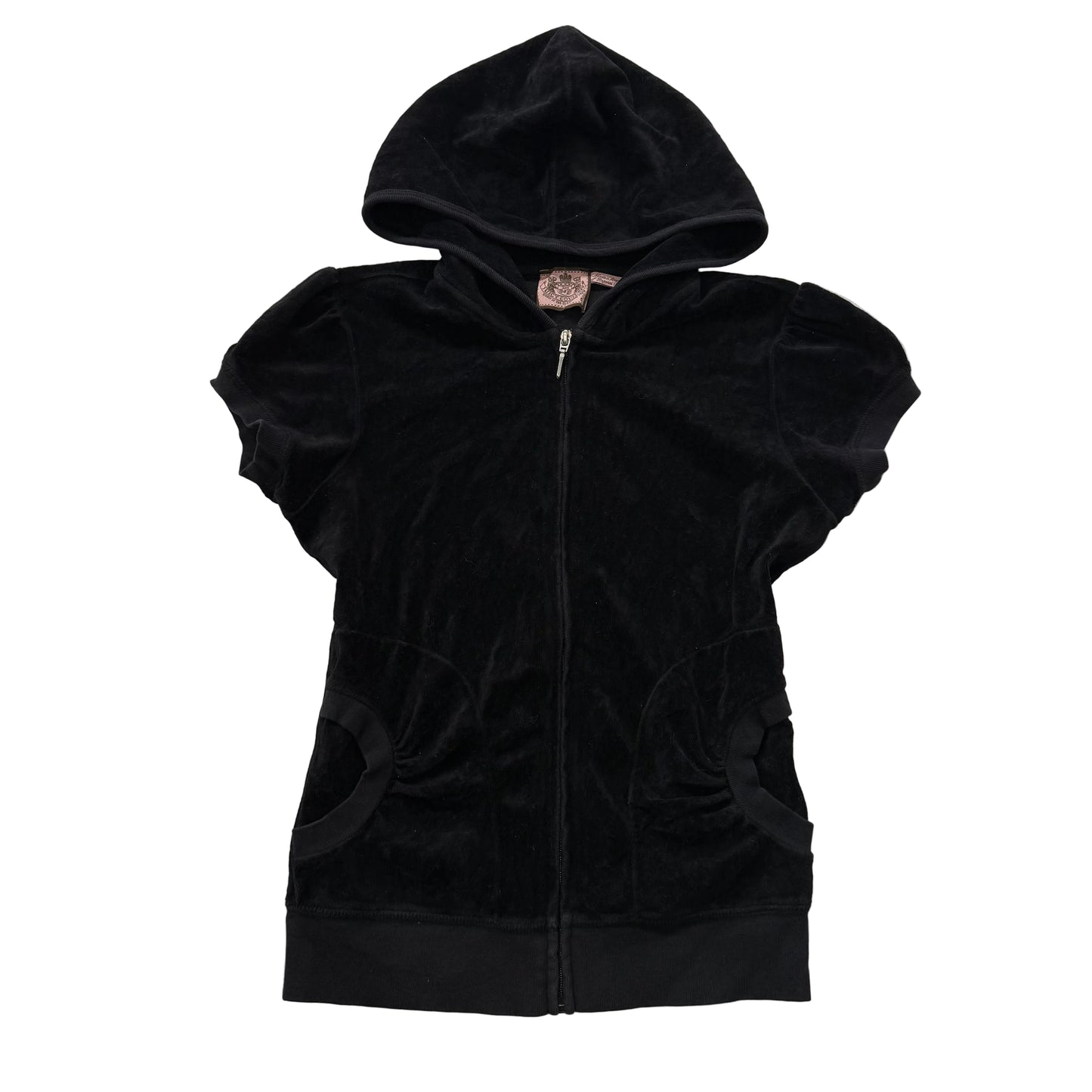 Vintage Juicy Couture Women's Black Velour Short Sleeve Zip-Up Hoodie Y2k Size S