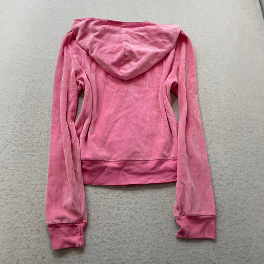 Vintage Juicy Couture Women's Pink Velour Zip-Up Hoodie Loungewear Pocket Size S