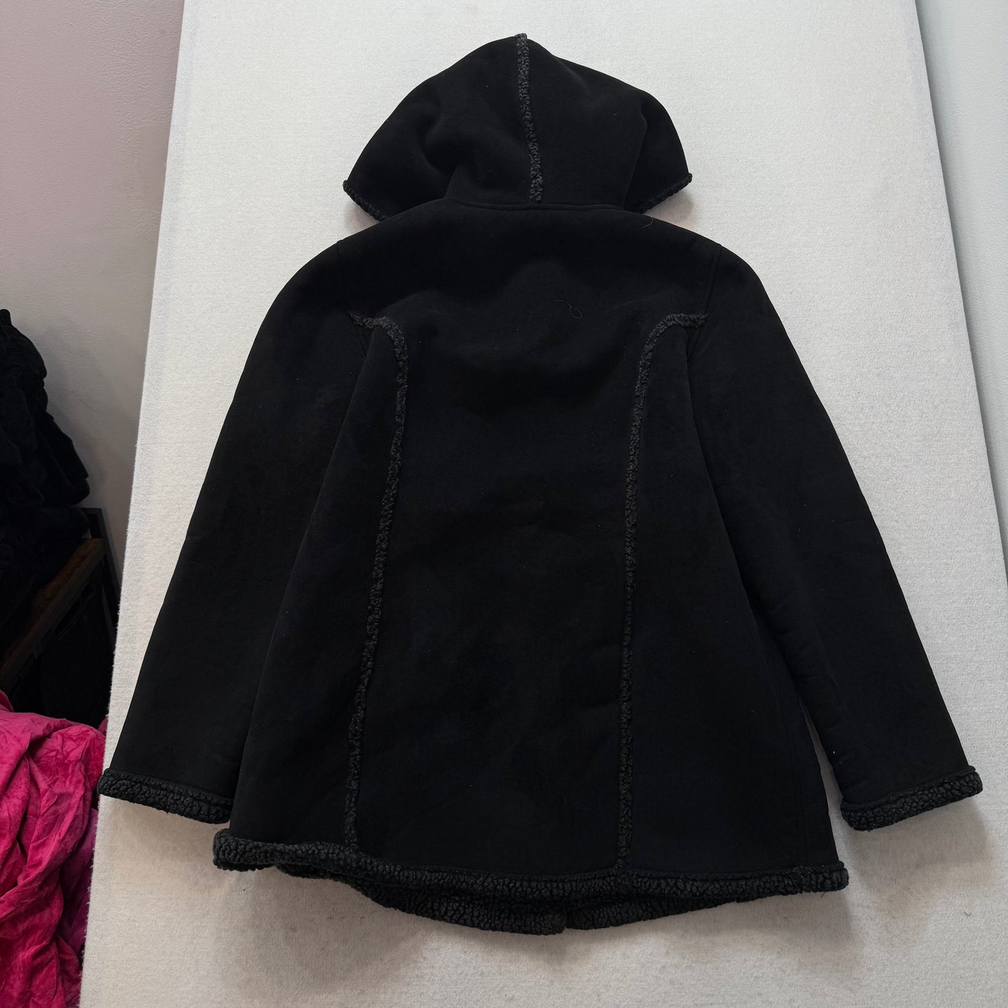 L.L. Bean Womens Black Faux Suede Hooded Toggle Coat Sherpa Lined Classic Size M