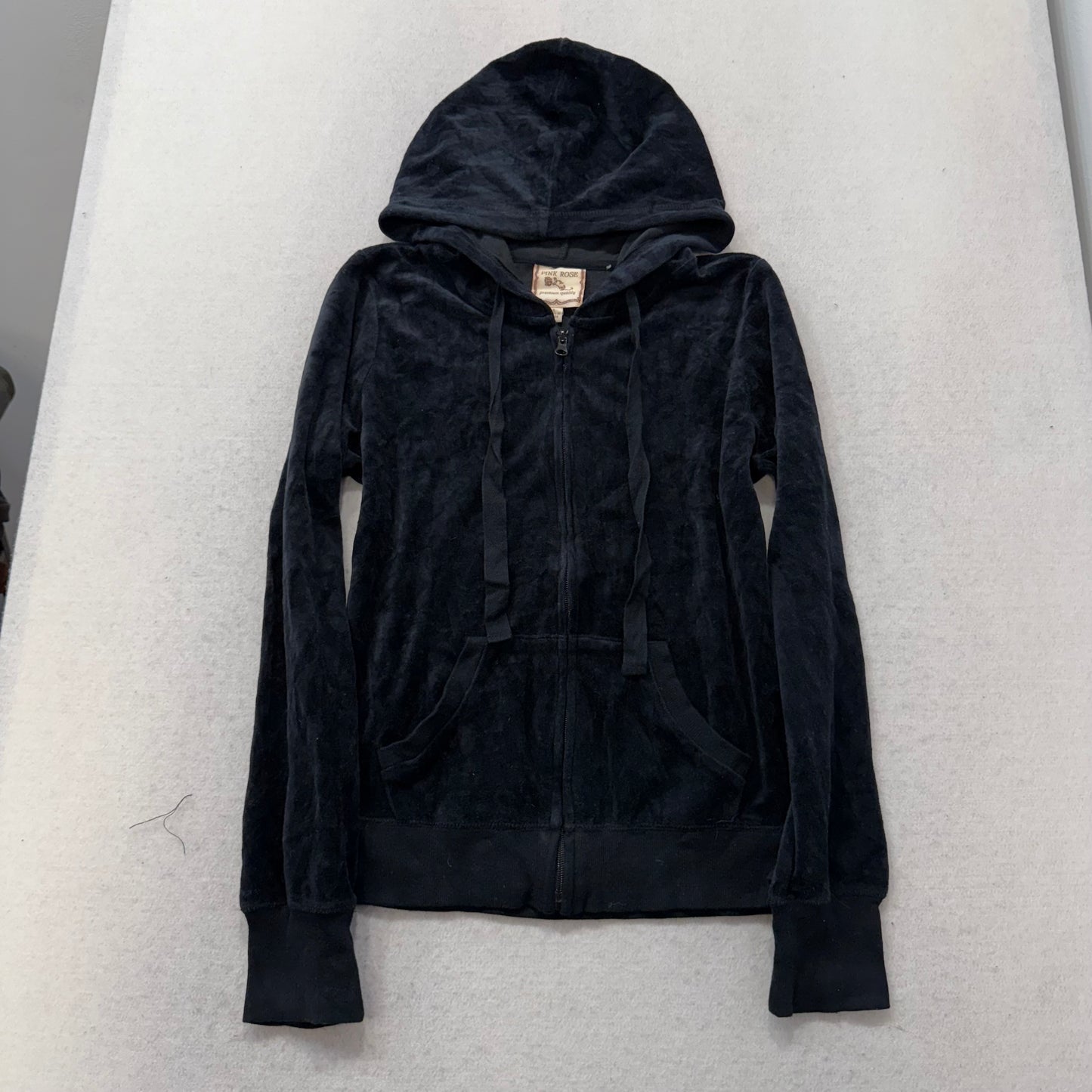 Pink Rose Women's Black Velour Zip Up Hoodie Rhinestones Angel Wings Y2K Size L