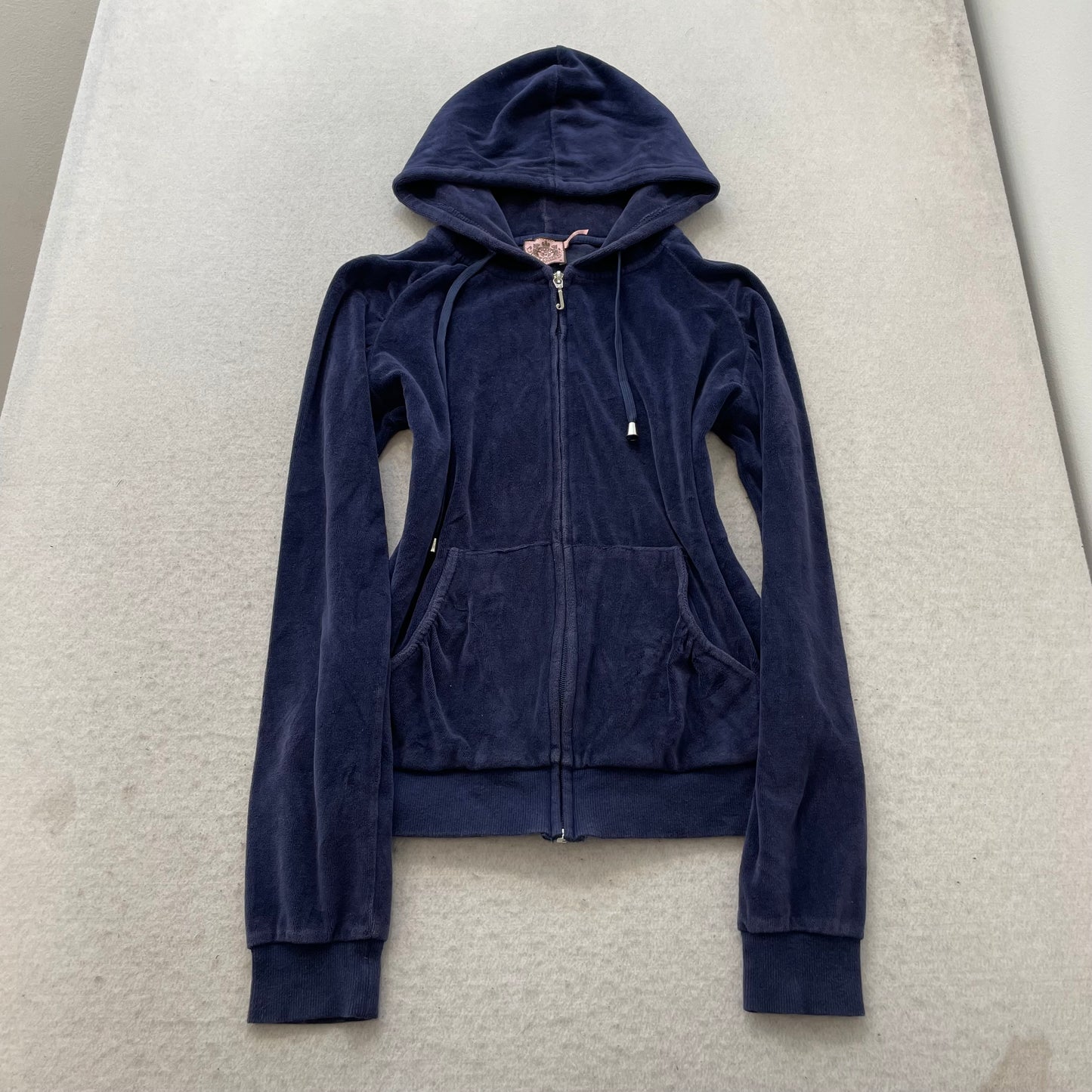 Juicy Couture Women's Navy Velour Zip-Up Hoodie Y2k Drawstring Dog Logo Size M