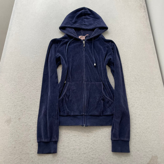 Juicy Couture Women's Navy Velour Zip-Up Hoodie Y2k Drawstring Dog Logo Size M