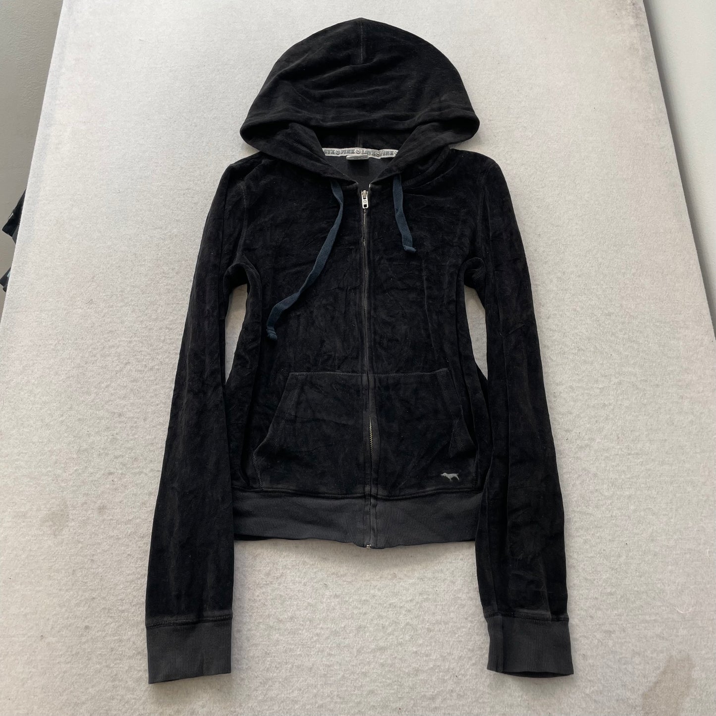 Victoria's Secret PINK Women's Jet Black Velour Zip-Up Hoodie Drawstring Size L