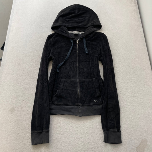 Victoria's Secret PINK Women's Jet Black Velour Zip-Up Hoodie Drawstring Size L