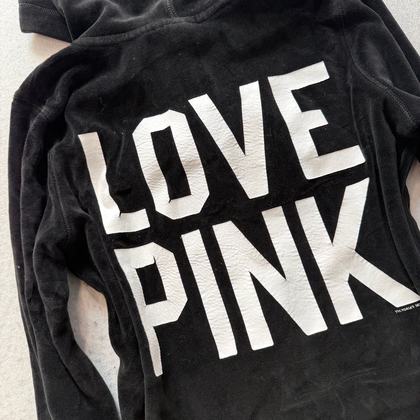 PINK Victoria's Secret Women's Black Velour Full Zip Hoodie Graphic Logo Size S