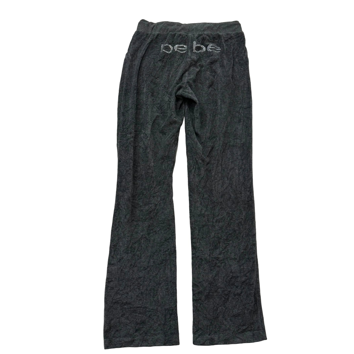 Bebe Women's Charcoal Gray Velour Flared Track Pant Rhinestones Logo Y2K Size S