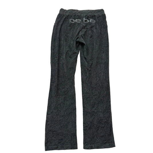 Bebe Women's Charcoal Gray Velour Flared Track Pant Rhinestones Logo Y2K Size S
