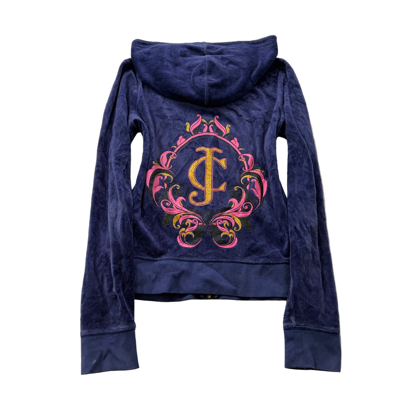 Juicy Couture Women's Navy Blue Velour Zip-Up Hoodie Graphic Print Pocket Size M