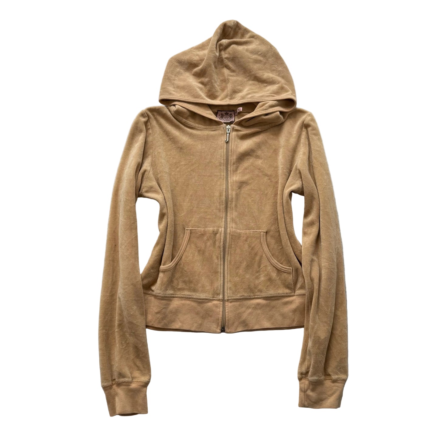 Juicy Couture Women's Camel Velour Zip Up Hoodie Kangaroo Pockets Preppy Size M