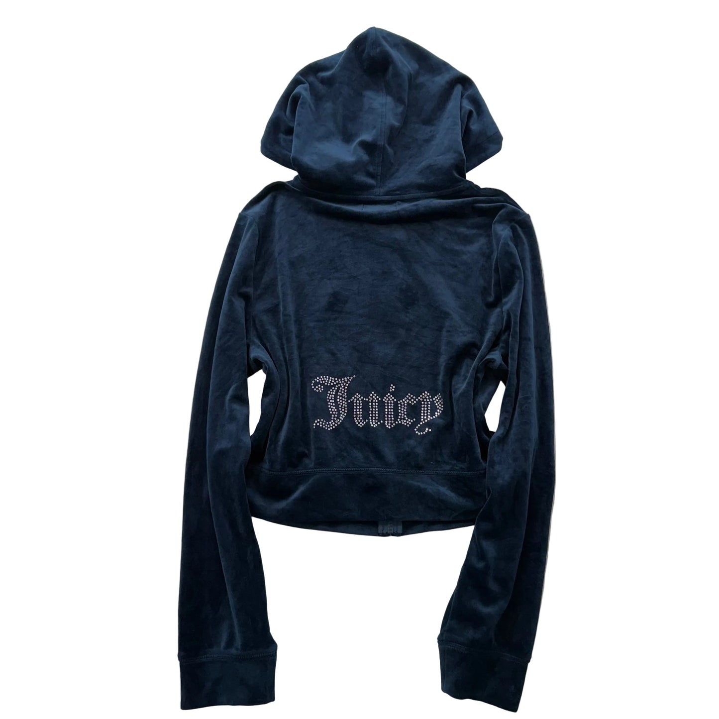 Juicy Couture Women's Navy Velour Zip Up Cropped Hoodie Rhinestones Logo Size XL