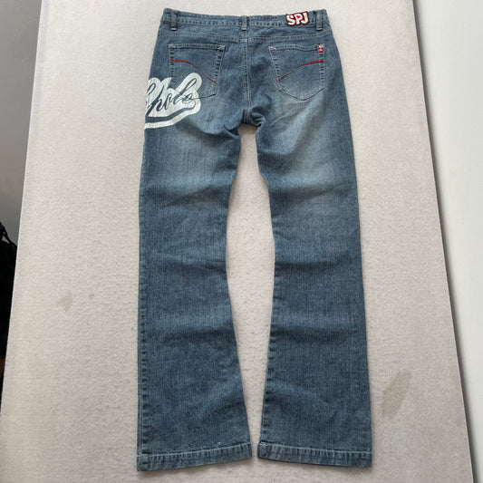 South Pole Junior Collection Blue Denim Flare Jeans Graphic Script Logo Size 13