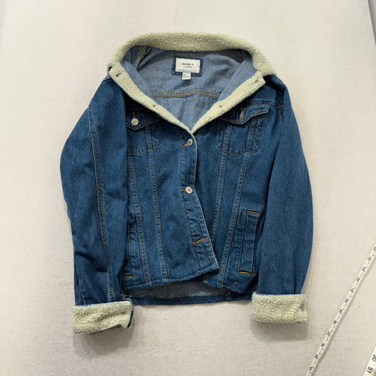 Forever 21 Blue Denim Sherpa Lined Jacket Faux Fur Collar Button Front Size M