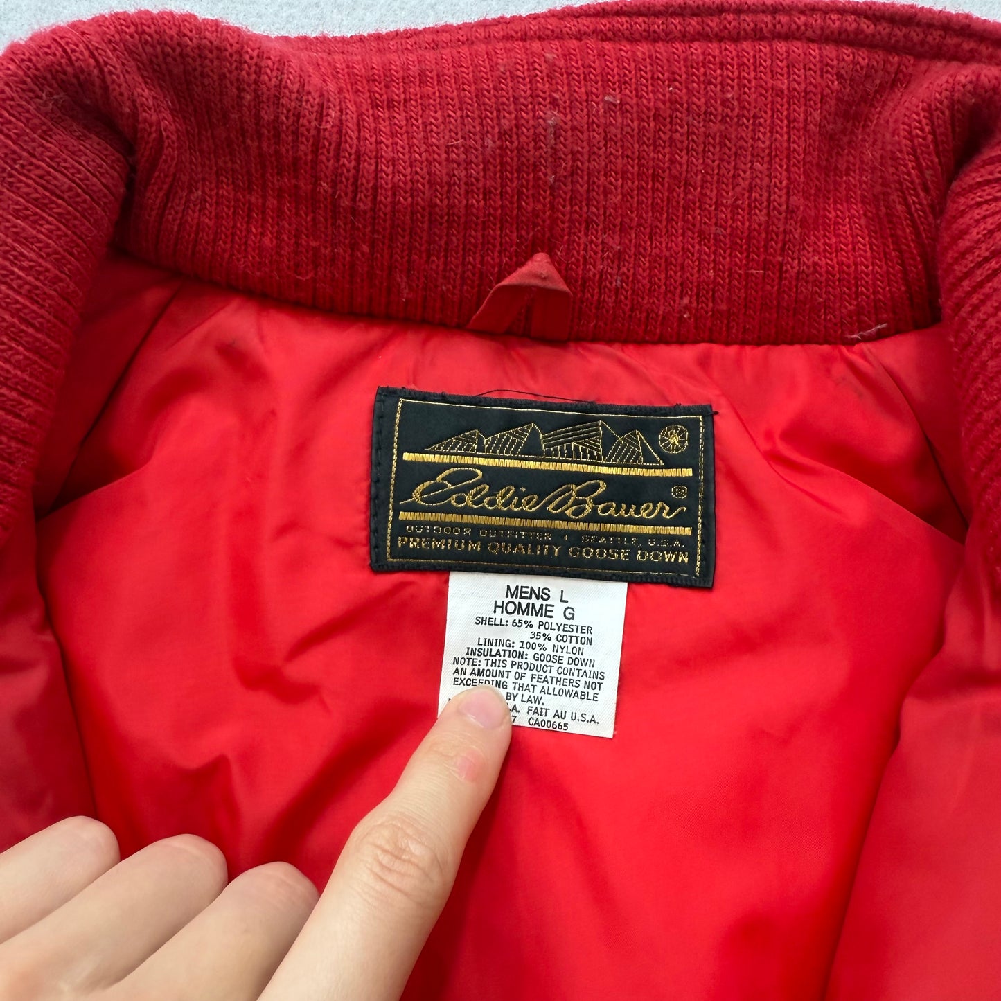 Eddie Bauer Men's Red Black Down Bomber Jacket Puffer Full Zip Winter Size L