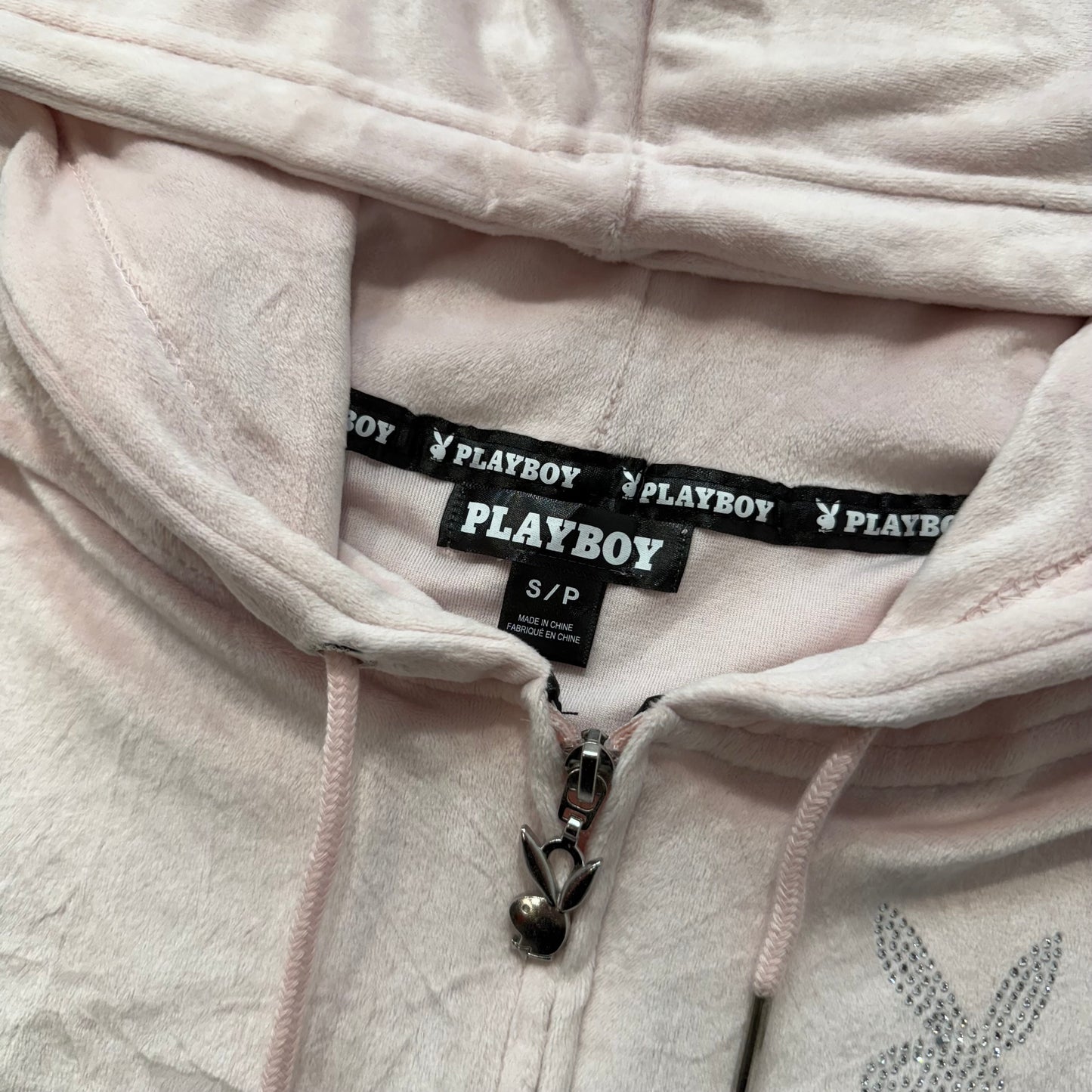 Playboy Women's Pastel Pink Velour Cropped Zip Up Hoodie Loungewear Logo Size S