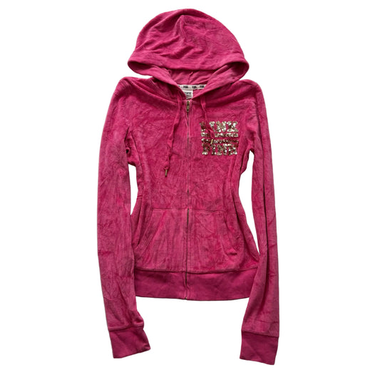 Victoria's Secret PINK Women's Hot Pink Velour Zip-Up Hoodie Gold Sequin Size S