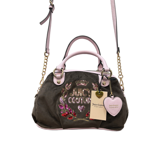 Vintage Juicy Couture brown velour mini bowler bag pink sequin logo heart charm