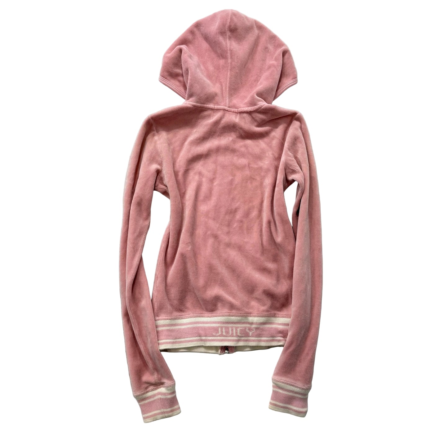 2003 Vintage Juicy Couture Pink Velour Zip-Up Hoodie White Stripe Rib Hem Size P
