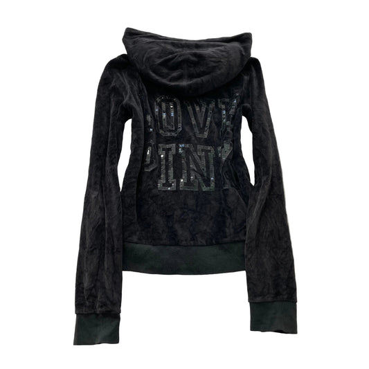 Victoria's Secret PINK Women's Black Zip-Up Hoodie Sequin Logo Drawstring Size S