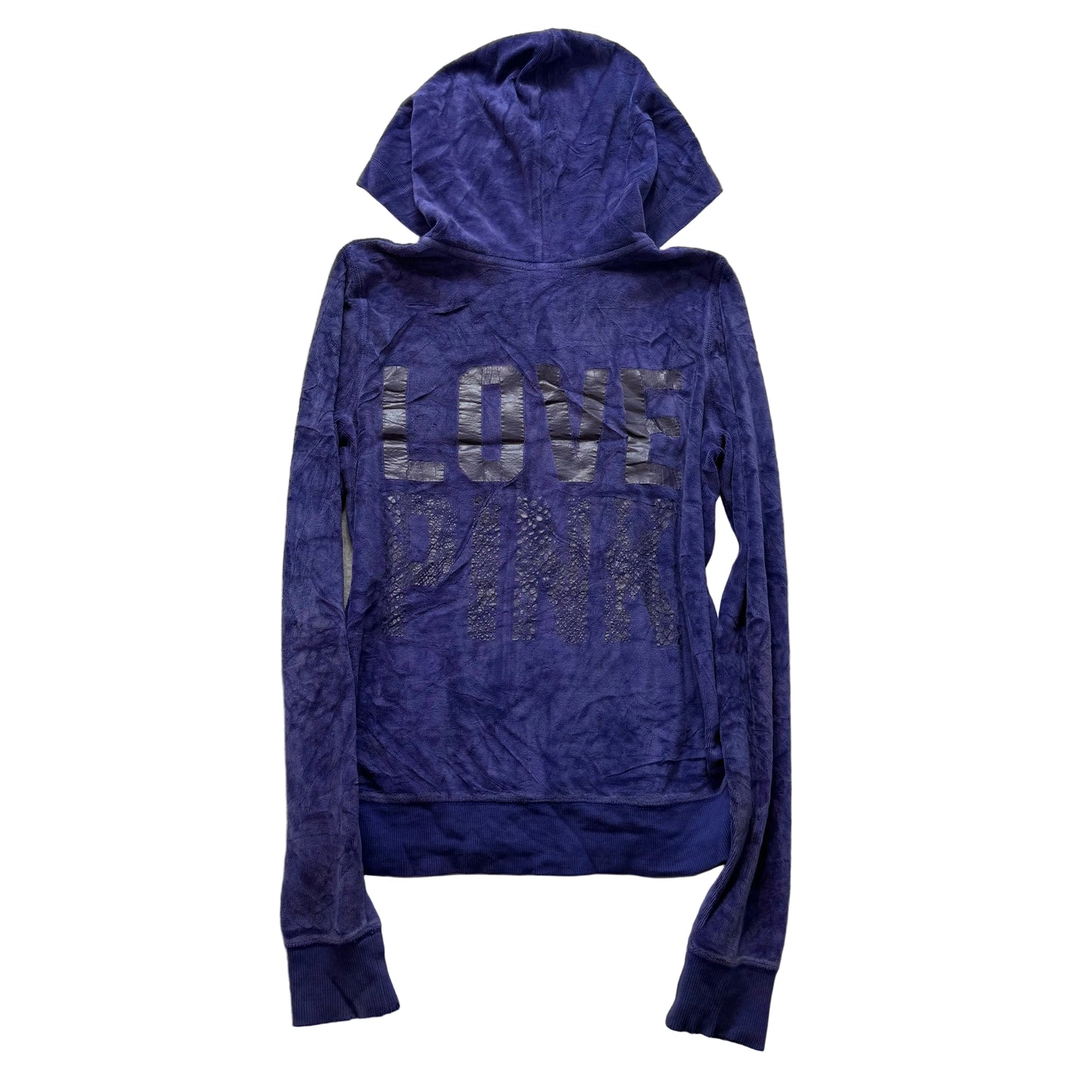 Victoria's Secret PINK Womens Deep Blue Velour Zip-Up Hoodie Graphic Logo Size S