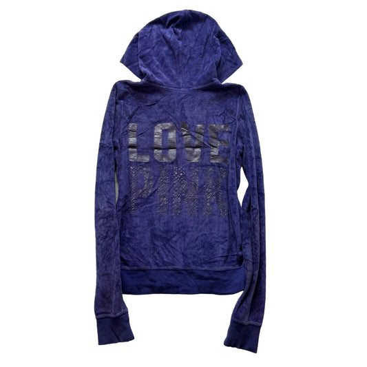 Victoria's Secret PINK Womens Deep Blue Velour Zip-Up Hoodie Graphic Logo Size S