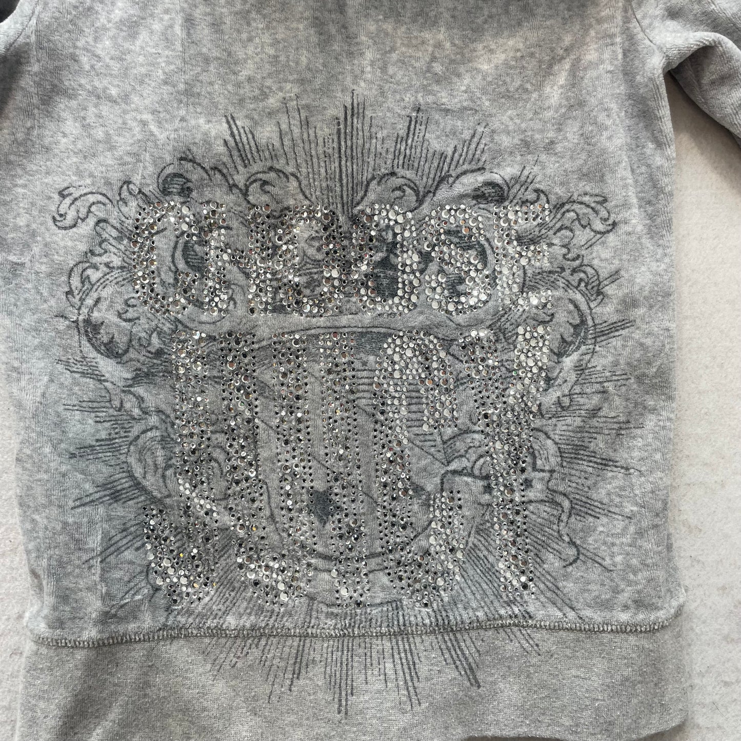 Vintage Juicy Couture Women's Gray Velour Zip Up Hoodie Rhinestones Logo Size S