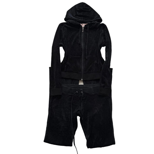 Vintage Juicy Couture Women's Black Velour Tracksuit Set Hoodie & Pant Size S