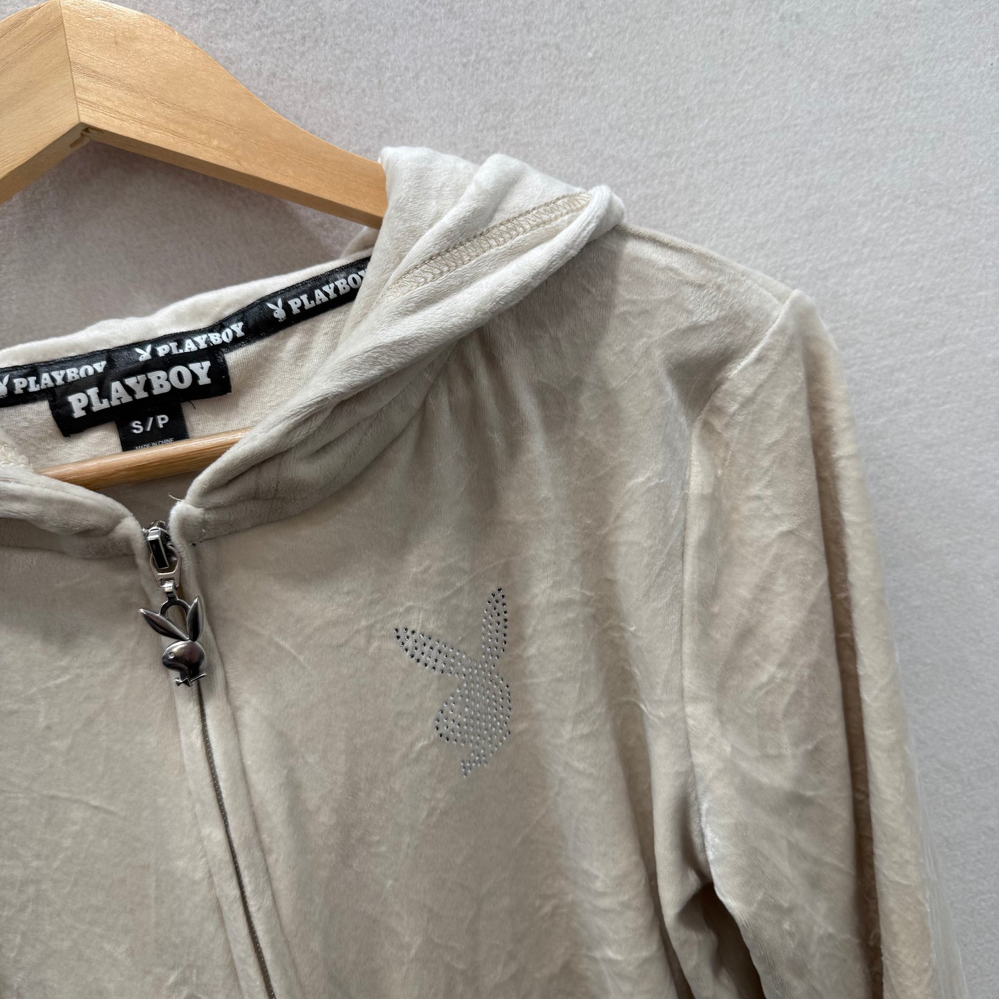 Playboy Women's Ivory Velour Zip-Up Cropped Hoodie Rhinestone Bunny Logo Size S