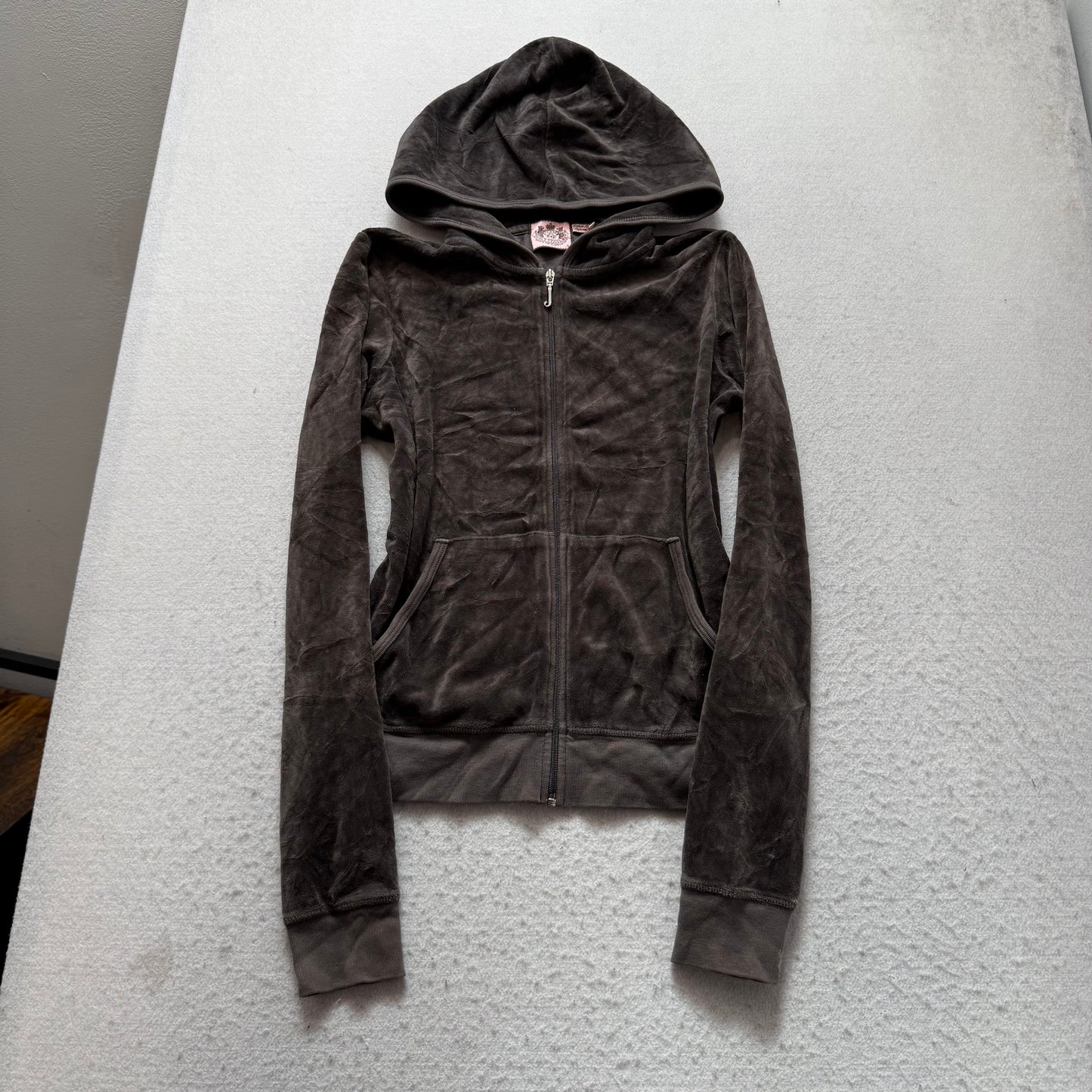 Vintage Juicy Couture Womens Chocolate Brown Velour Zip-Up Hoodie Graphic Size L