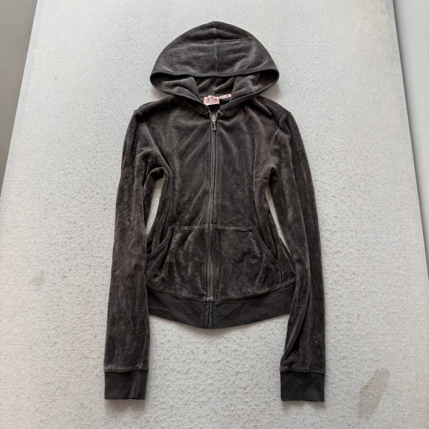 Vtg Juicy Couture Women's Charcoal Gray Velour Tracksuit Set Hoodie & Pant - S/L