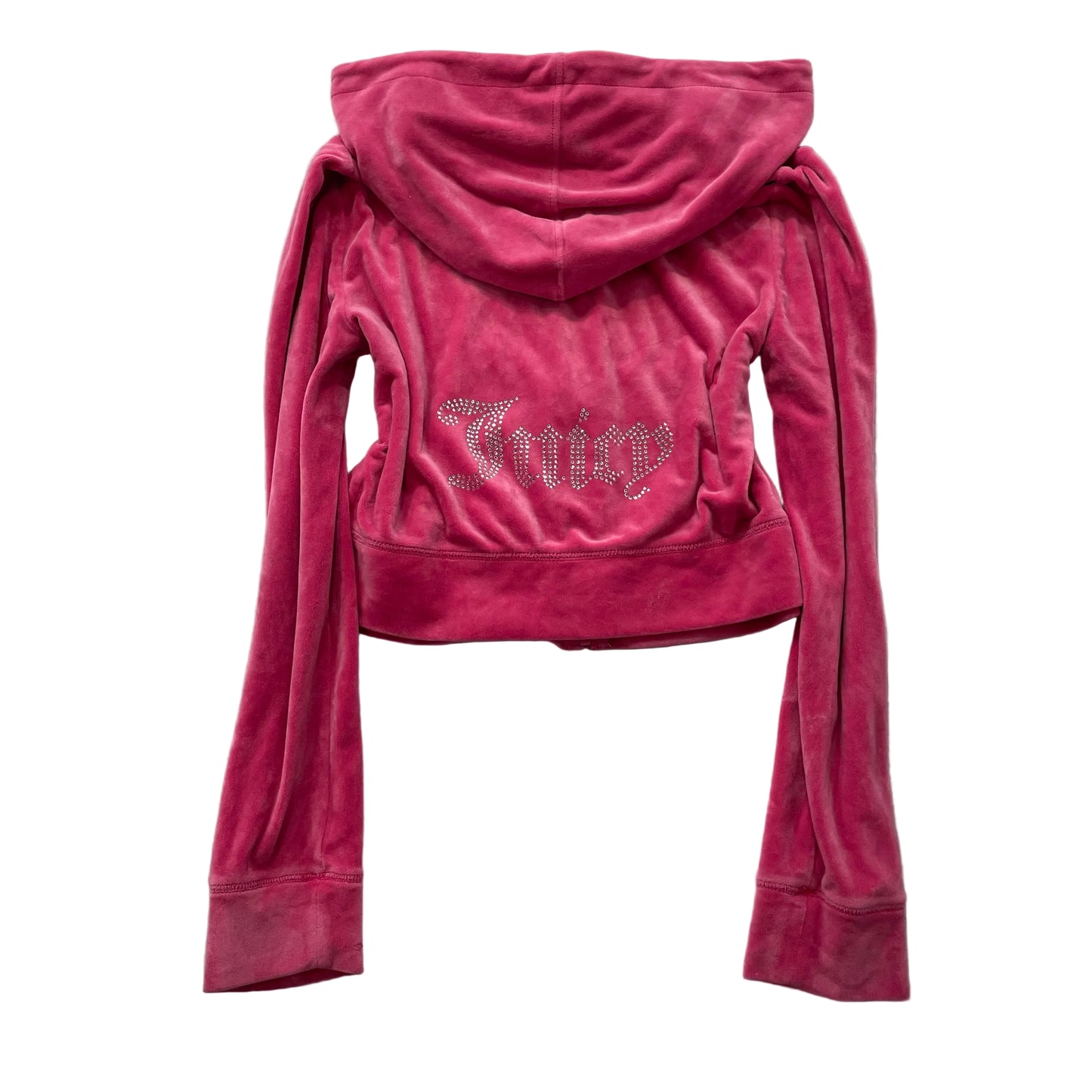 Juicy Couture Women's Pink Velour Full Zip Cropped Hoodie Rhinestone Logo Size L