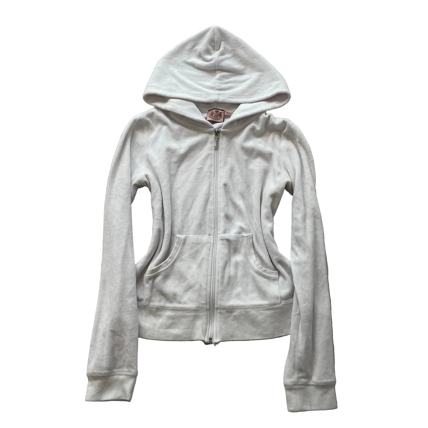 Vintage Juicy Couture Women's White Velour Zip-Up Hoodie Kangaroo Pockets Size S