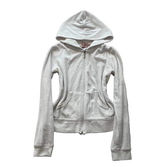 Vintage Juicy Couture Women's White Velour Zip-Up Hoodie Kangaroo Pockets Size S