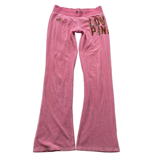 Victoria's Secret PINK Womens Pink Velour Flared Track Pants Sequin Logo Size S