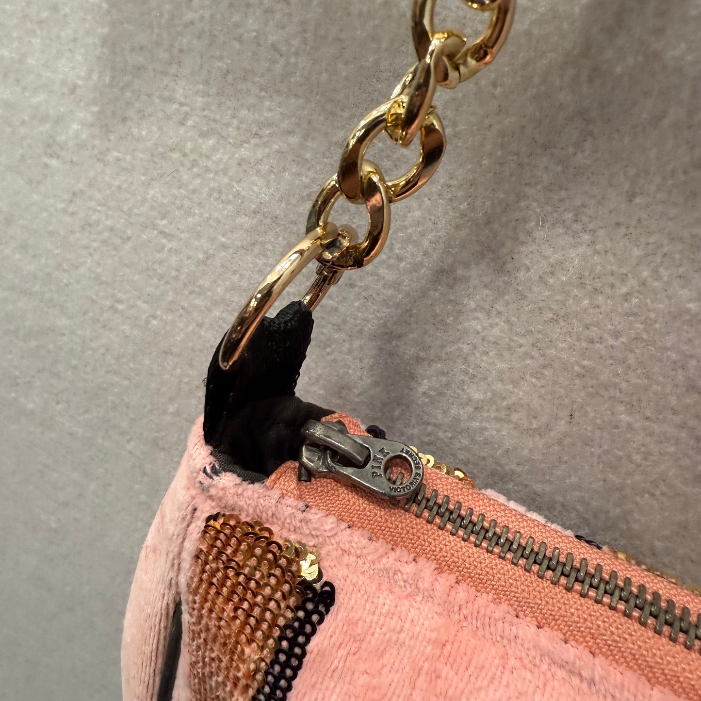 PINK Victoria's Secret Pink Velour Gold Sequin Logo Casual Shoulder Baguette Bag