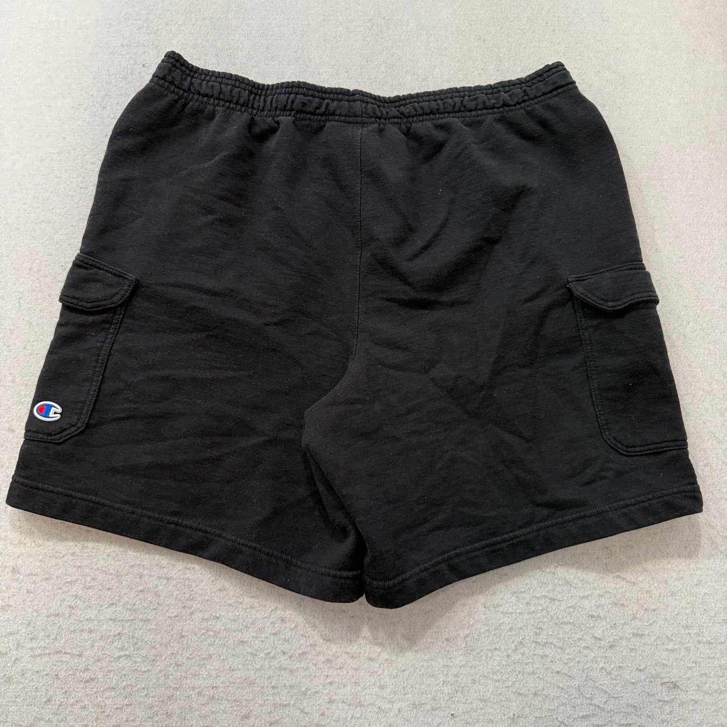 Champion Men's Black Fleece Cargo Shorts Pockets Elastic Waistand Logo Size W33