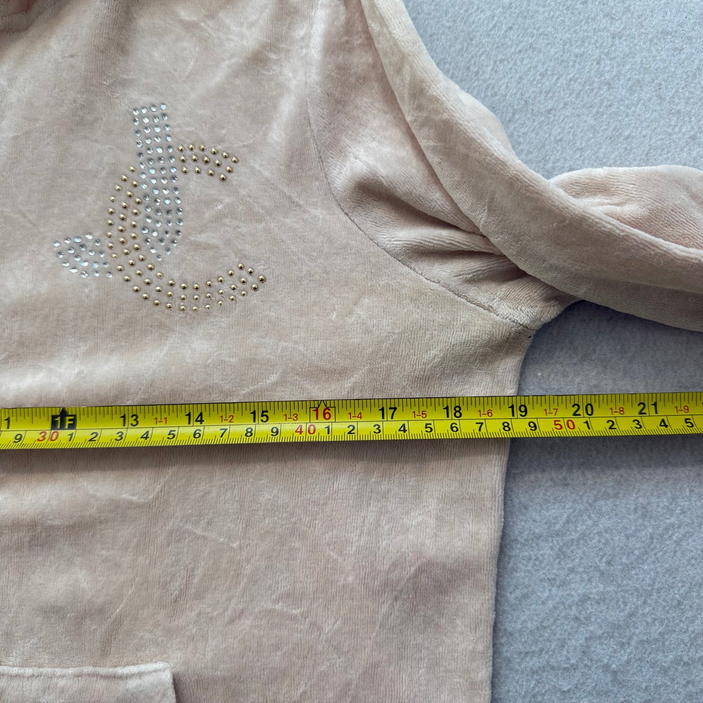 Juicy Couture Womens Beige Velour Zip-Up Hoodie Rhinestone Elbow Patches Size XL