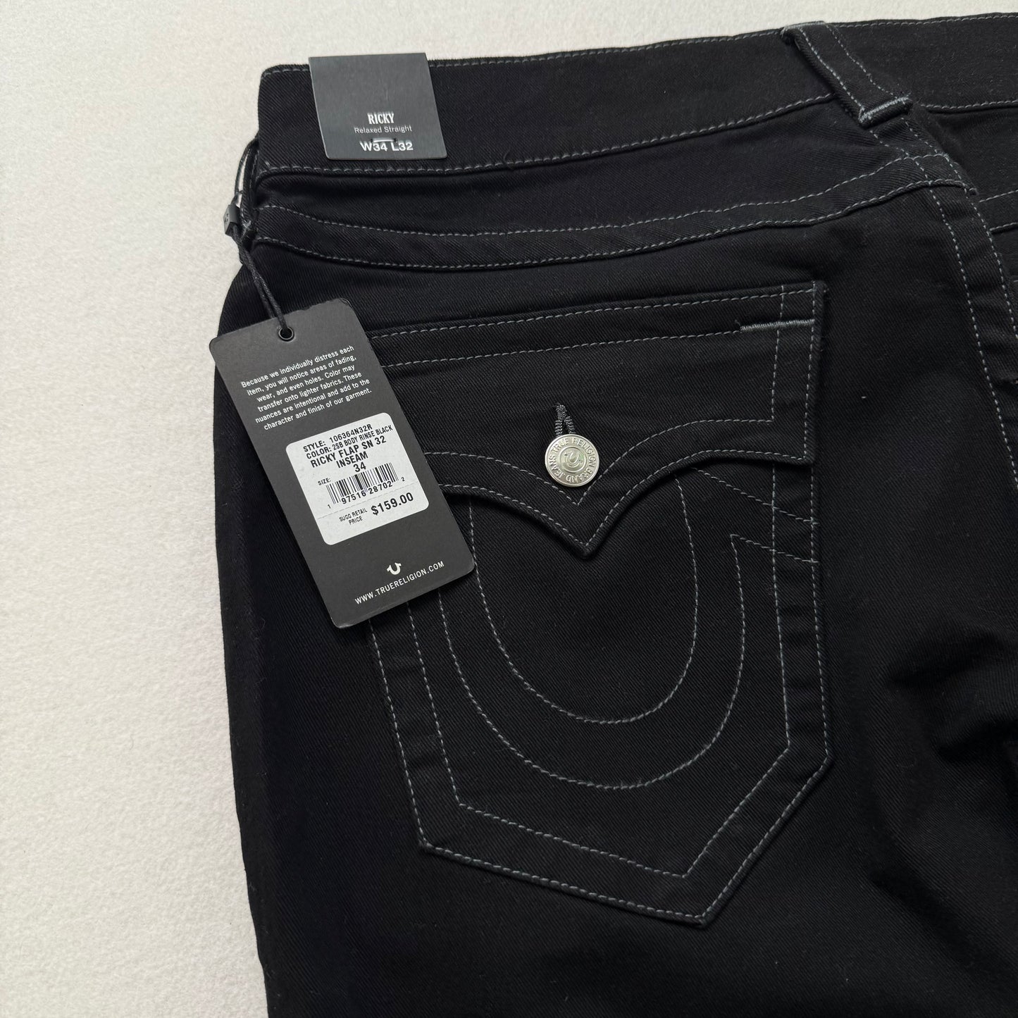 True Religion Ricky Straight Leg Black Denim Jeans Contrast Stitching Back Flap Pockets Size W34 L32