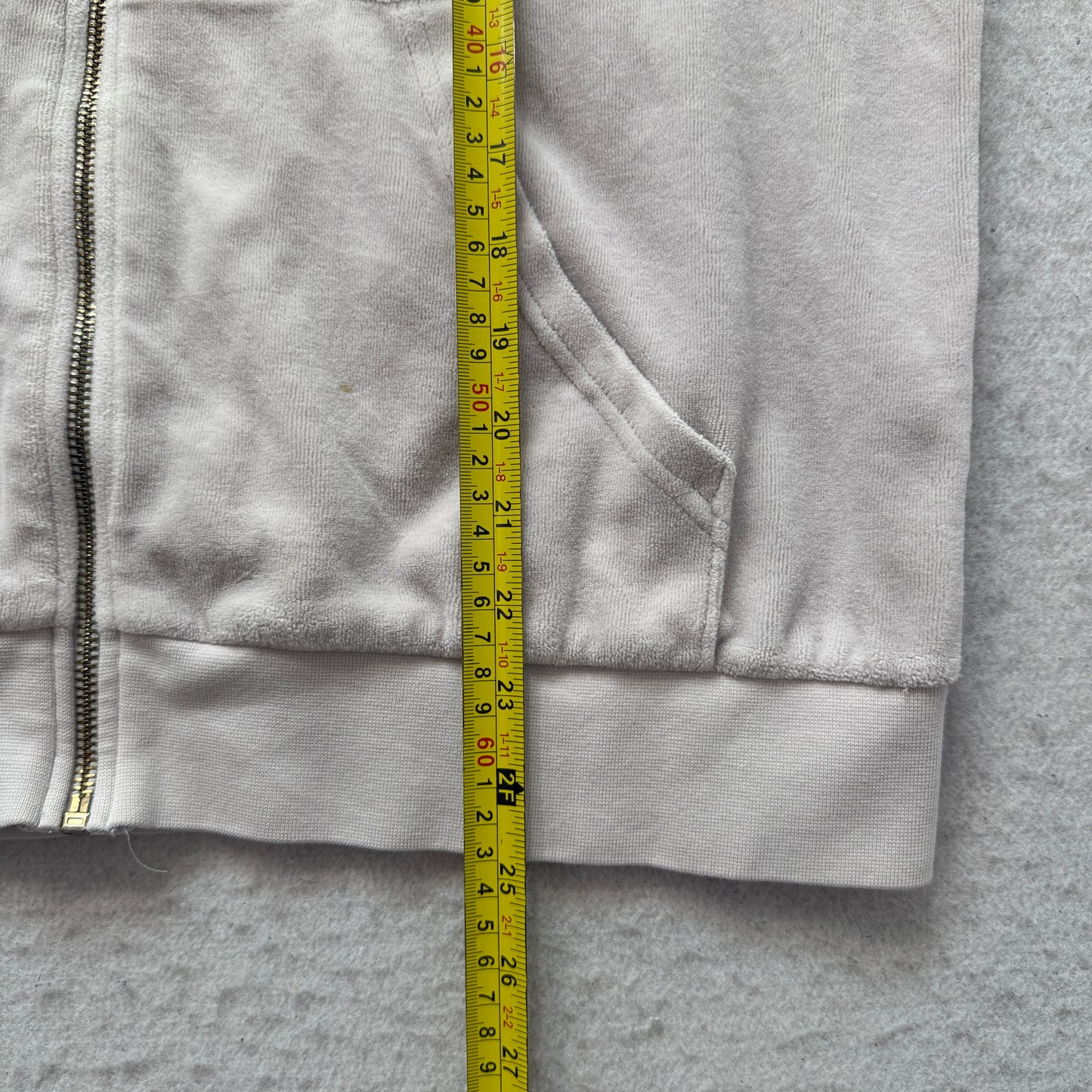Juicy Couture Women's Grey Velour Zip-Up Hoodie Drawstring Pockets Metal Size L