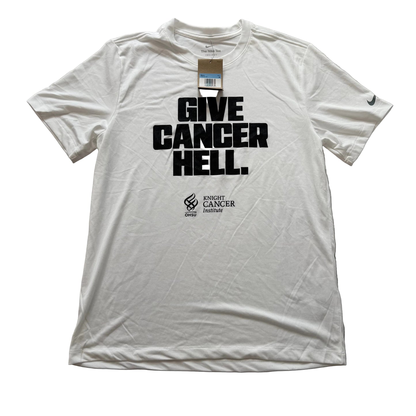 Nike "Give Cancer Hell" Slogan Men's White Crewneck T-Shirt Short Sleeves Size M