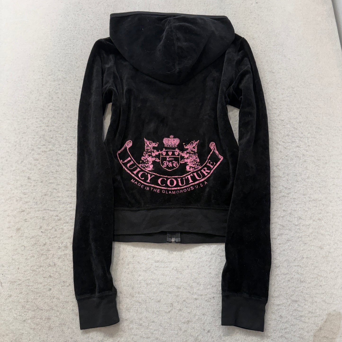 2003 Vintage Juicy Couture Women's Black Velour Zip-Up Hoodie Pockets Size L
