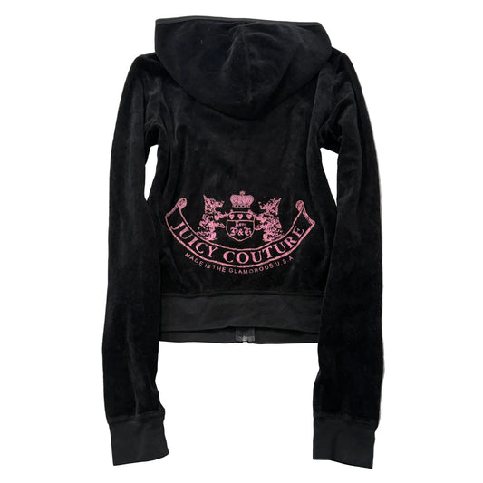 2003 Vintage Juicy Couture Women's Black Velour Zip-Up Hoodie Pockets Size L