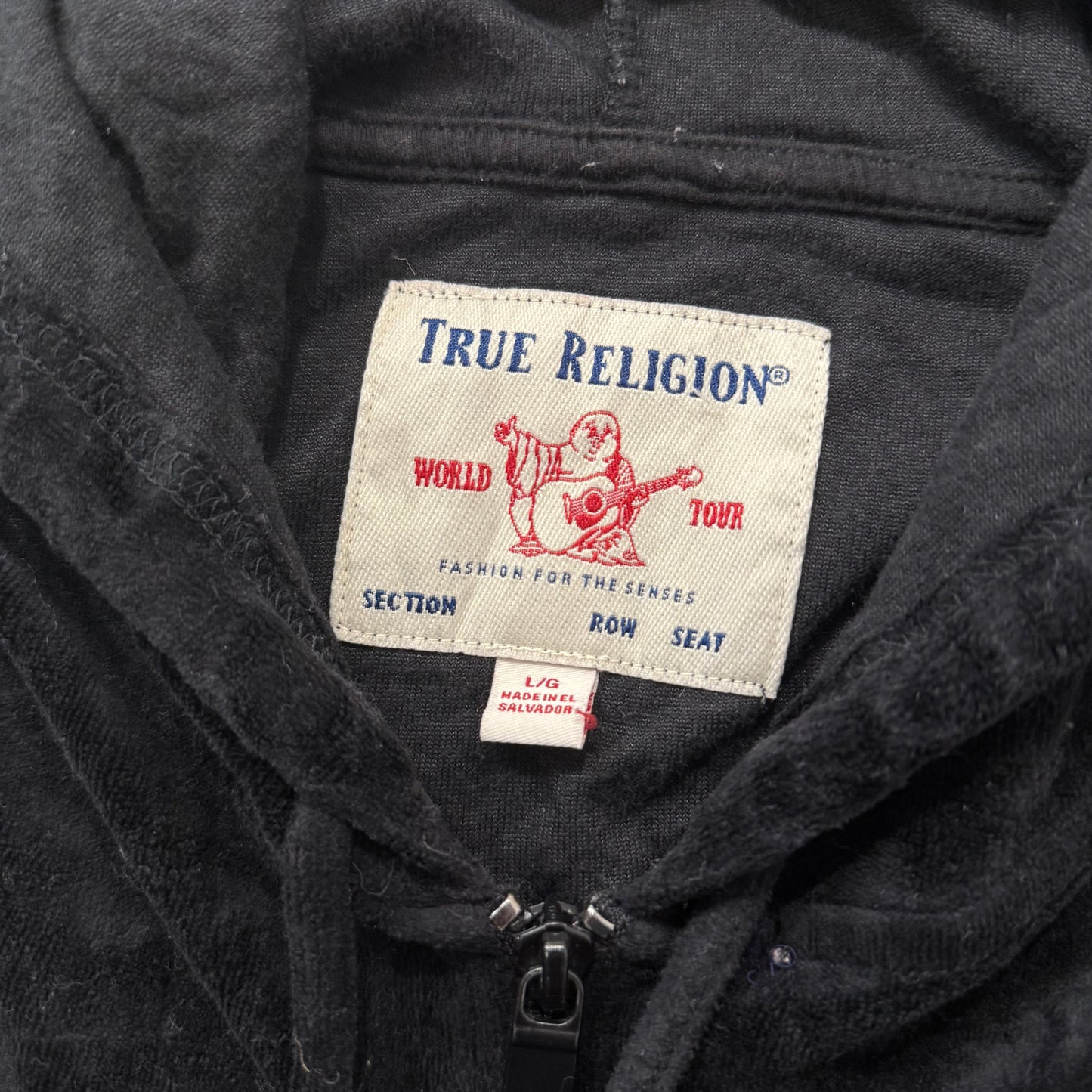 Vintage True Religion Womens Black Velour Zip Up Hoodie Buddha Rhinestone Size L