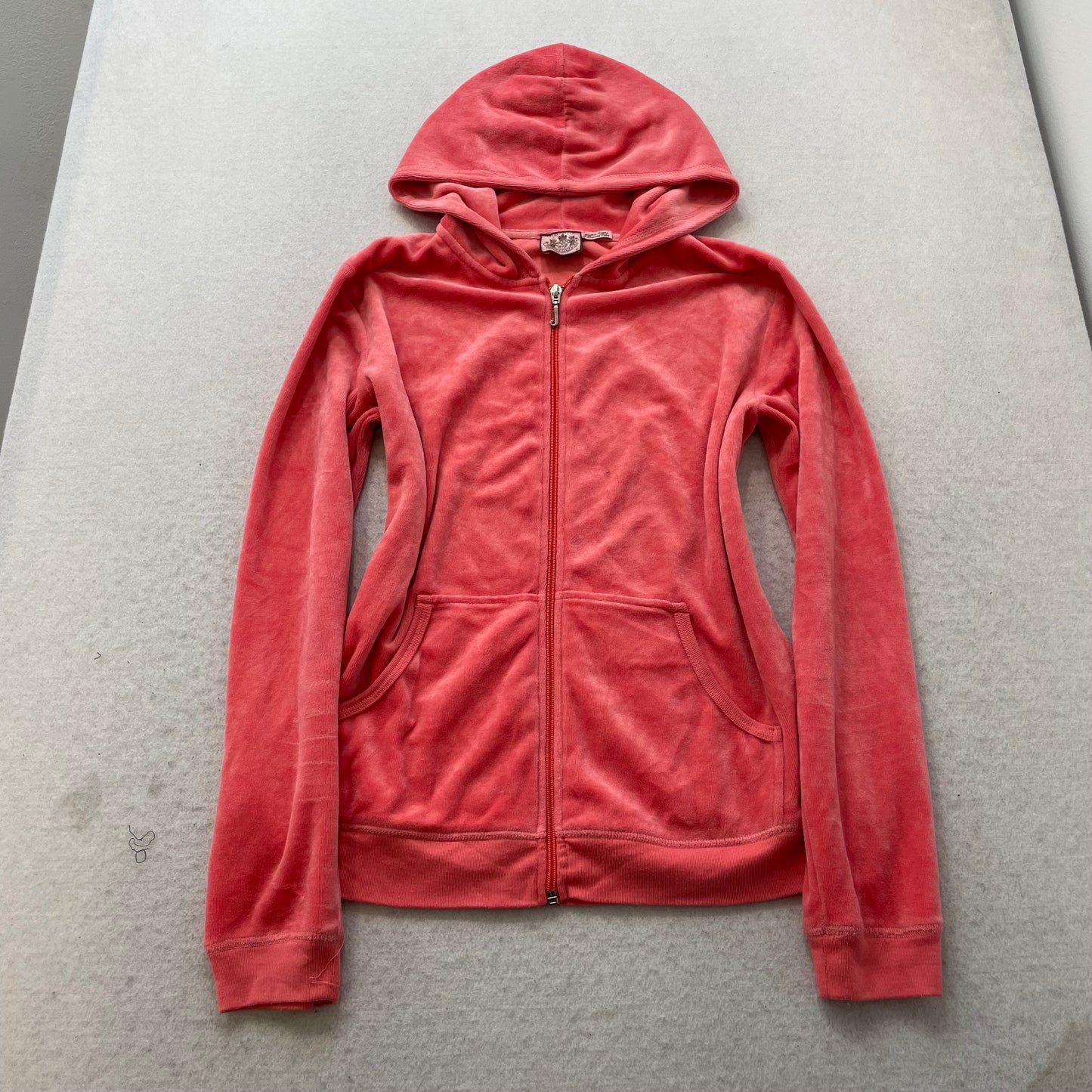 Juicy Couture Womens Coral Velour Zip-Up Hoodie Butterfly Graphic Pockets Size M