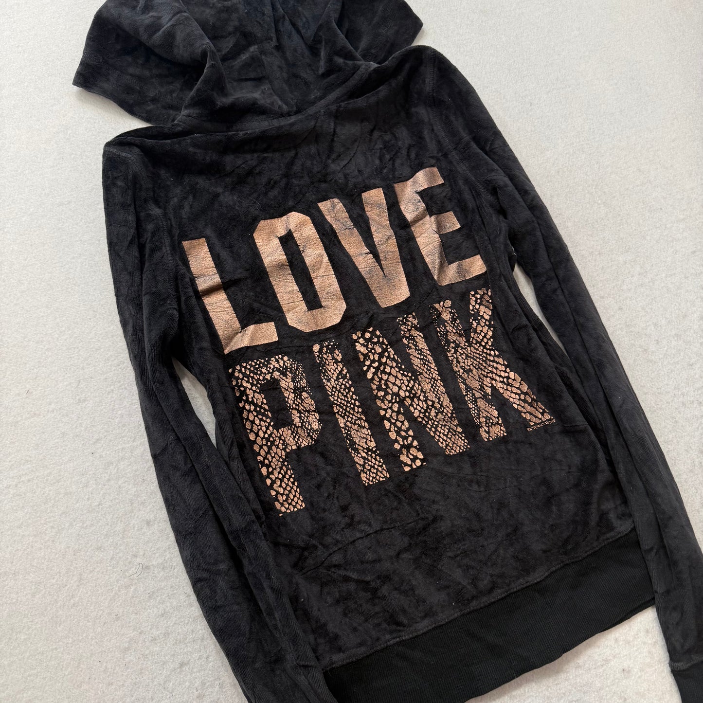 PINK Victoria's Secret Women's Black Velour Zip Up Hoodie Graphic Logo Size XS