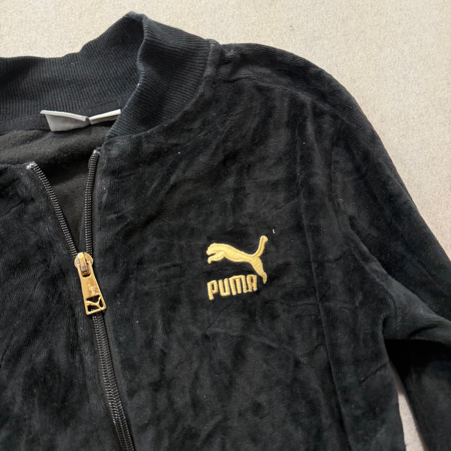 Puma Womens Jet Black Velour Full Zip Track Jacket Slash Pockets Logo Y2K Size M