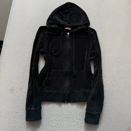 2003 Vintage Juicy Couture Women Black Velour Tracksuit Set Hoodie & Pant Size S