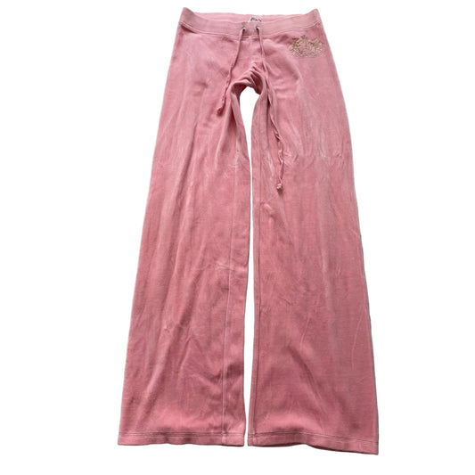 Vintage Juicy Couture Women's Pink Velour Flared Track Pants Glitter Logo Size S
