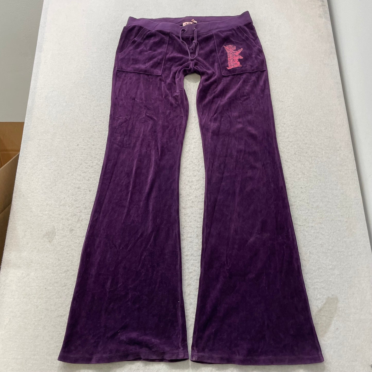 Juicy Couture Women's Purple Velour Flared Leg Track Pants Back Flap Pockets - M