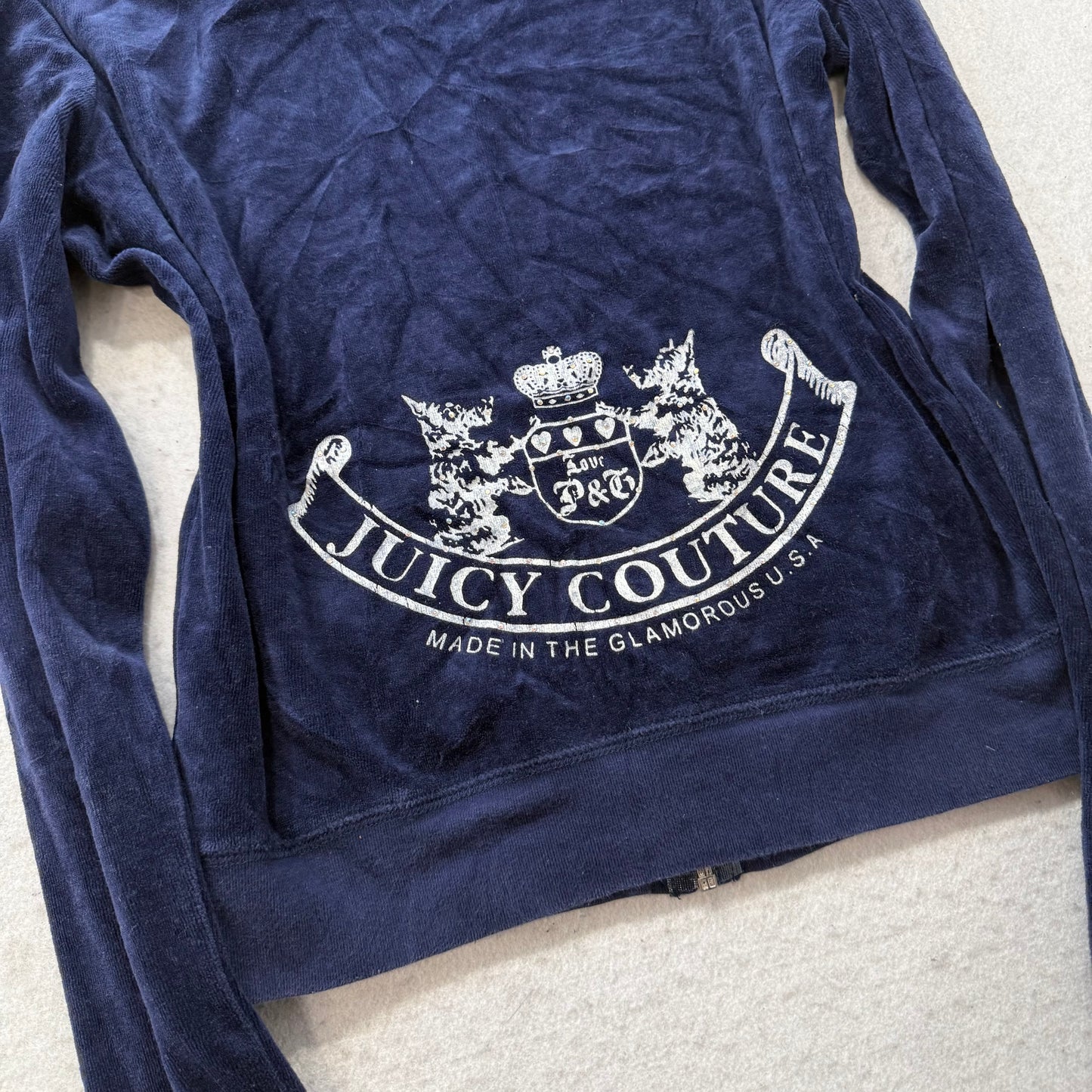 Vintage Juicy Couture Scottie Dogs Women's Navy Velour Hoodie Made In USA Size S